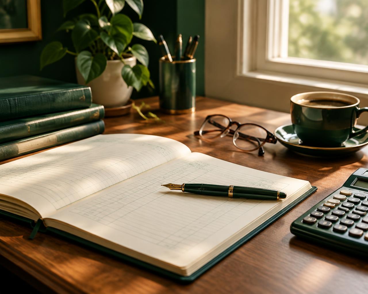 Ledger, pen and calculator on a desk